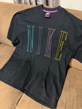 Nike Black T-Shirt with Neon Pink Trim and Multicolor Logo